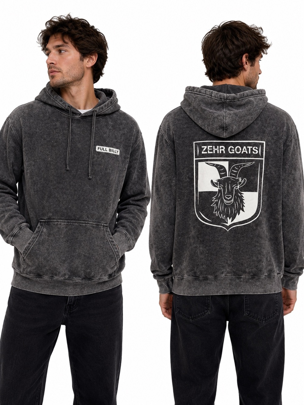 Goat Men’s Pullover Black Enzyme Wash Super Soft Fleece Hoodie, Size M